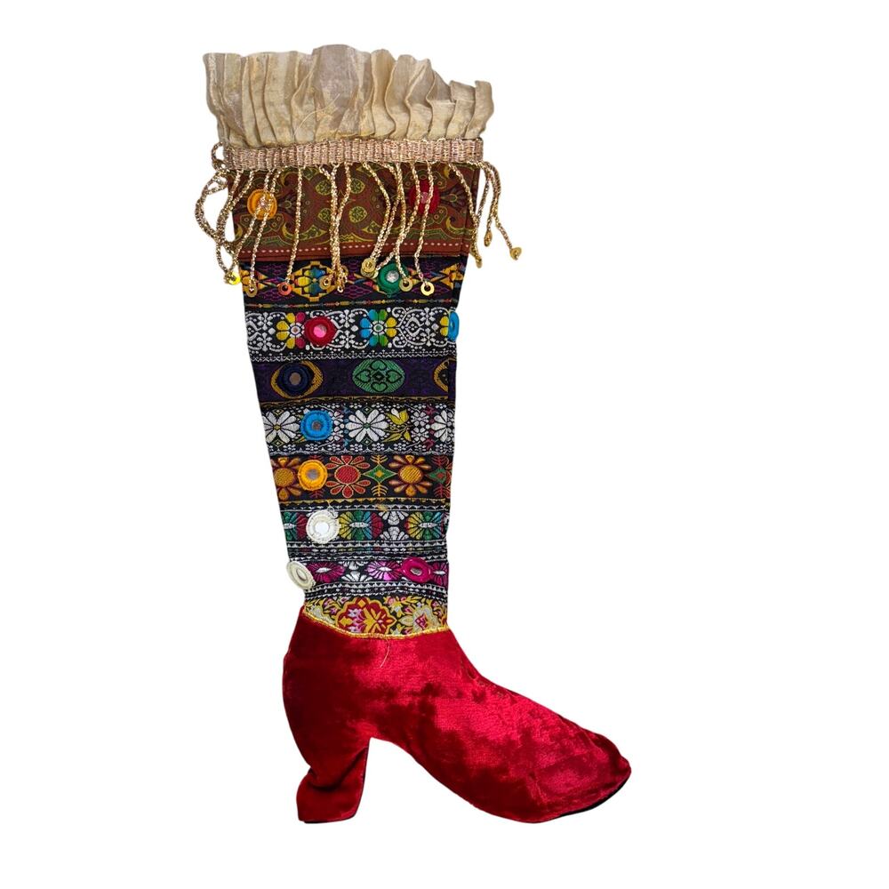 Boho Glam High Heel Boot Christmas Stocking OOAK Art Multicolor Handmade Sparkly